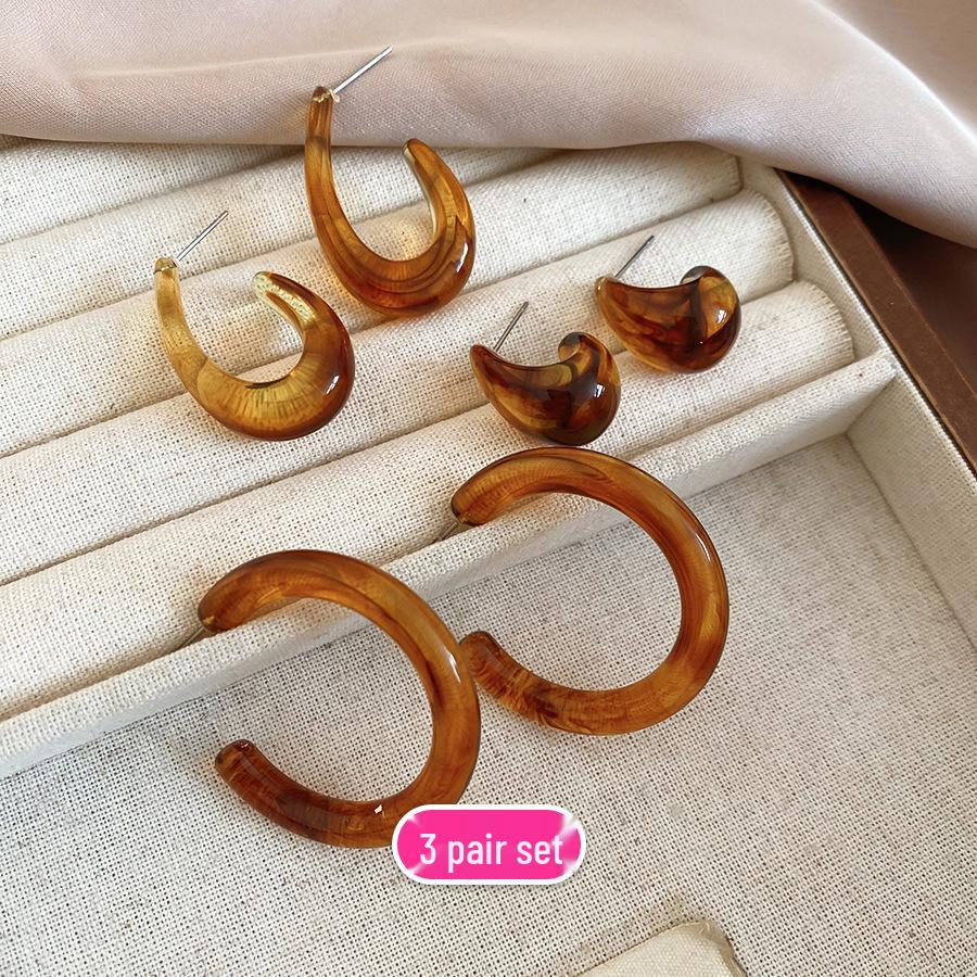 Ten-Piece Silver Needle Acrylic Round Stud Earrings: Simple, Versatile, Retro, High-End Handmade Women s Set