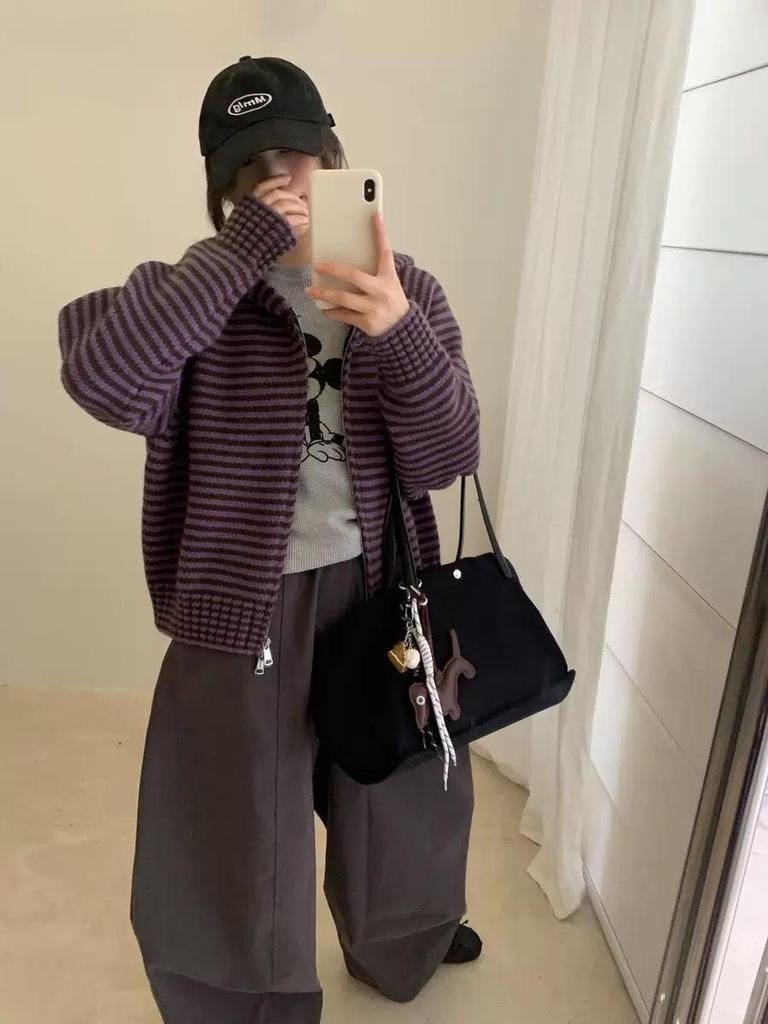 Korean Color Block Stripe Hooded Cardigan for Women - Autumn/Winter Fashion