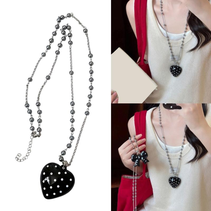 Stylish Long Beaded Necklace Featuring Black Round Dots And Bowknot Love Charm For Casual or Party Wear