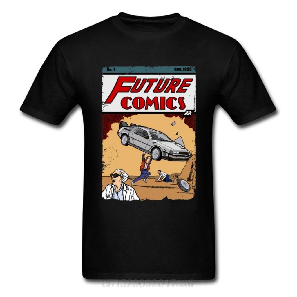Future Comic Book T-shirt Men Back To The Future 2 T Shirts Marty DMC Delorean Tops Tees 100% Cotton Black Tshirt Funny Clothing