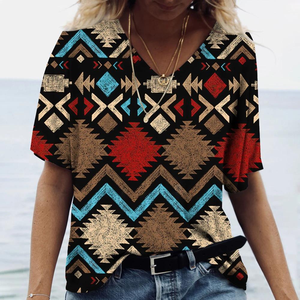 Retro Ethnic Style 3D Digital Printed Women's Fashionable V-neck Short Sleeved T-shirt