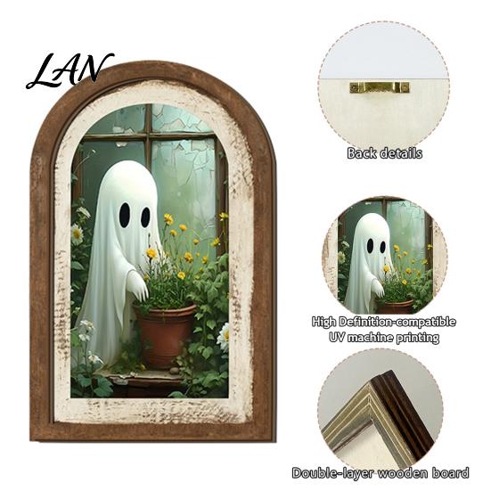 Halloween Entrance Cabinet Decor Ghost/Witch Arched Wall Decor, Cute Ghost Table Sign, Rustic Farmhouse Shelf Retro Room Decorative Hanging