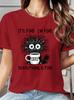 Ladies Fashionable Short Sleeved Printed Tshirt Coffee Cat Fun Printed Round Neck Machine Washable Comfortable Top