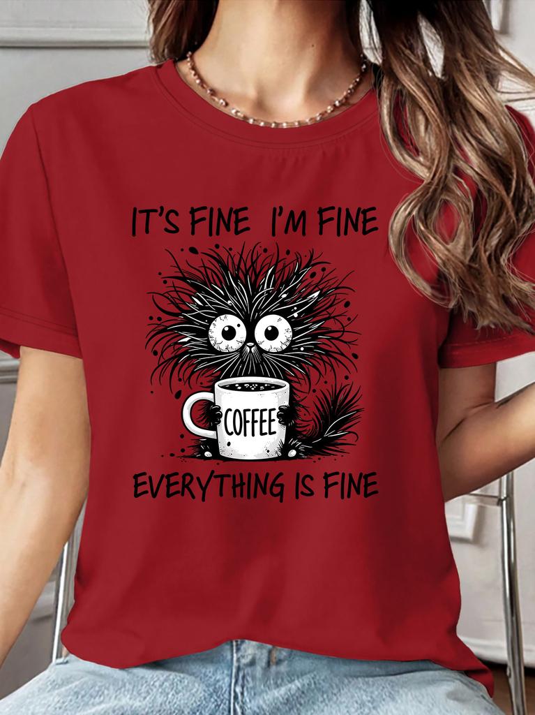 Ladies Fashionable Short Sleeved Printed Tshirt Coffee Cat Fun Printed Round Neck Machine Washable Comfortable Top