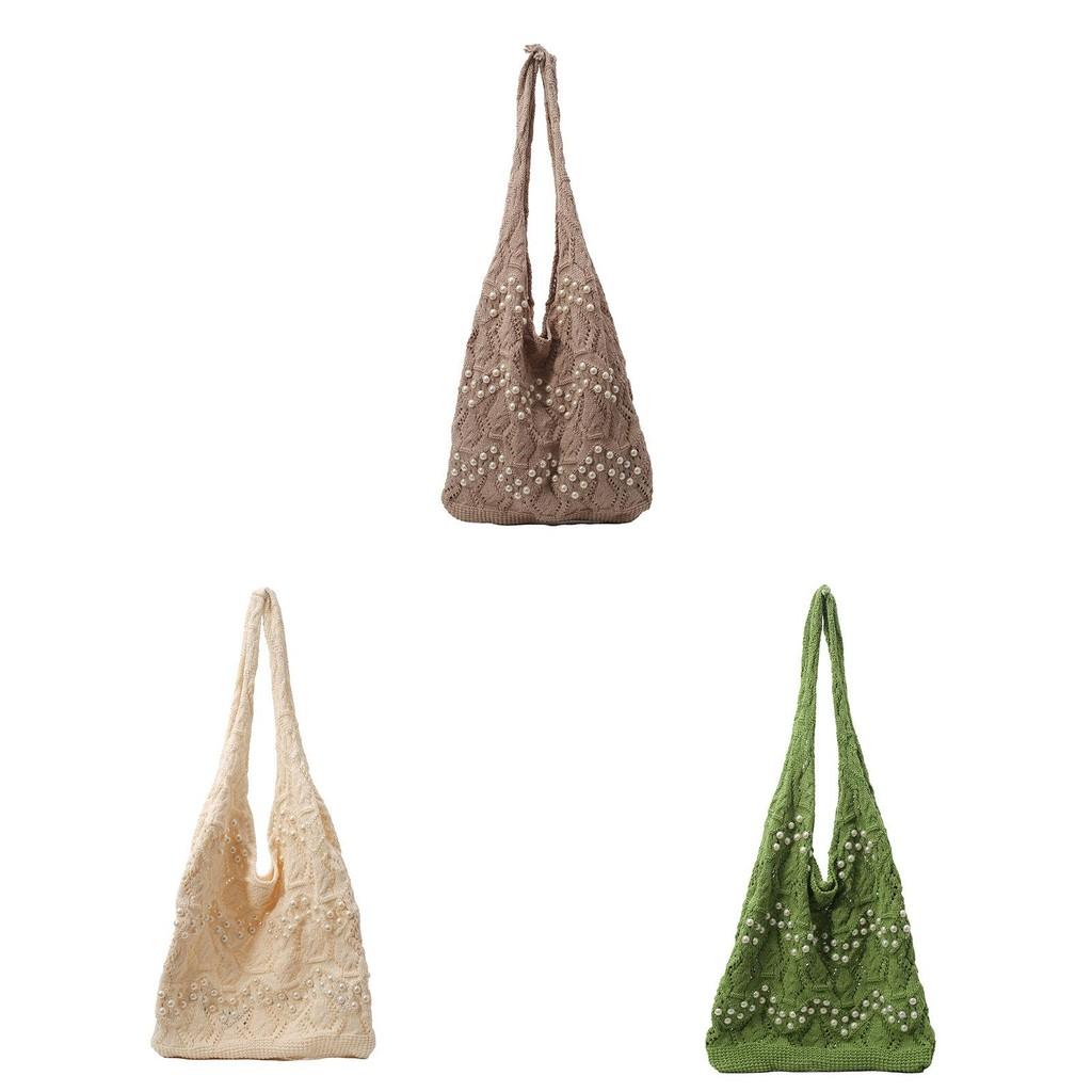 Pearl Decoration Beach Tote Bag For Summer Vacation With Large Capacity And Woven Design For Casual Daily Use
