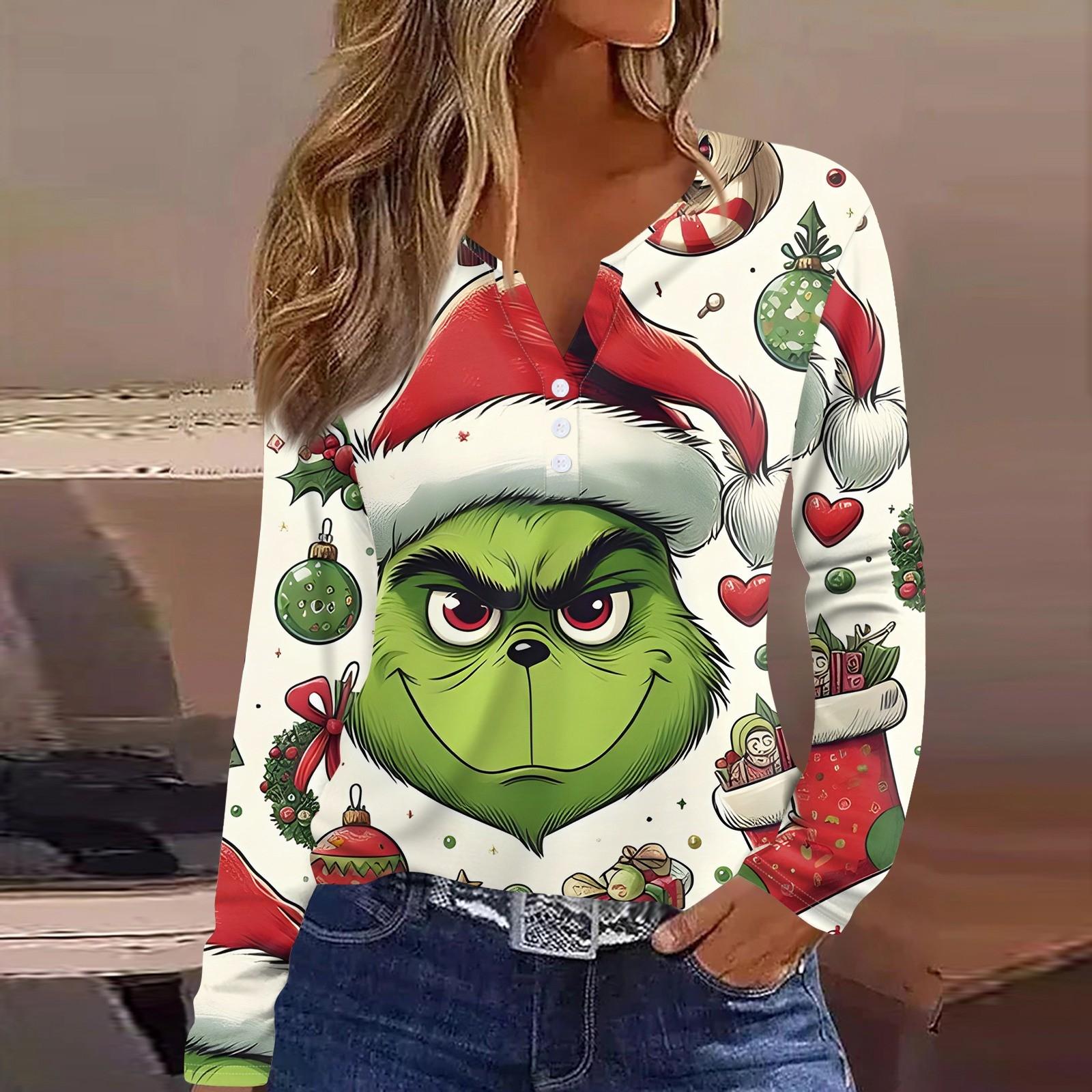 

Женская футболка с рождественским принтом на пуговицах с длинным рукавом, повседневная, выходного дня, модная, базовая, с V-образным вырезом, обычная XL камуфляжный
