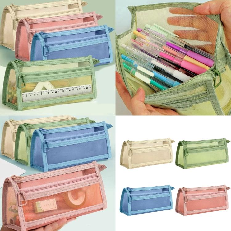 Double Layers Mesh Pencil Bag Large Capacity Pencil Case Pen Case Mesh Bag Clear Pen Bag Pencil Organisers