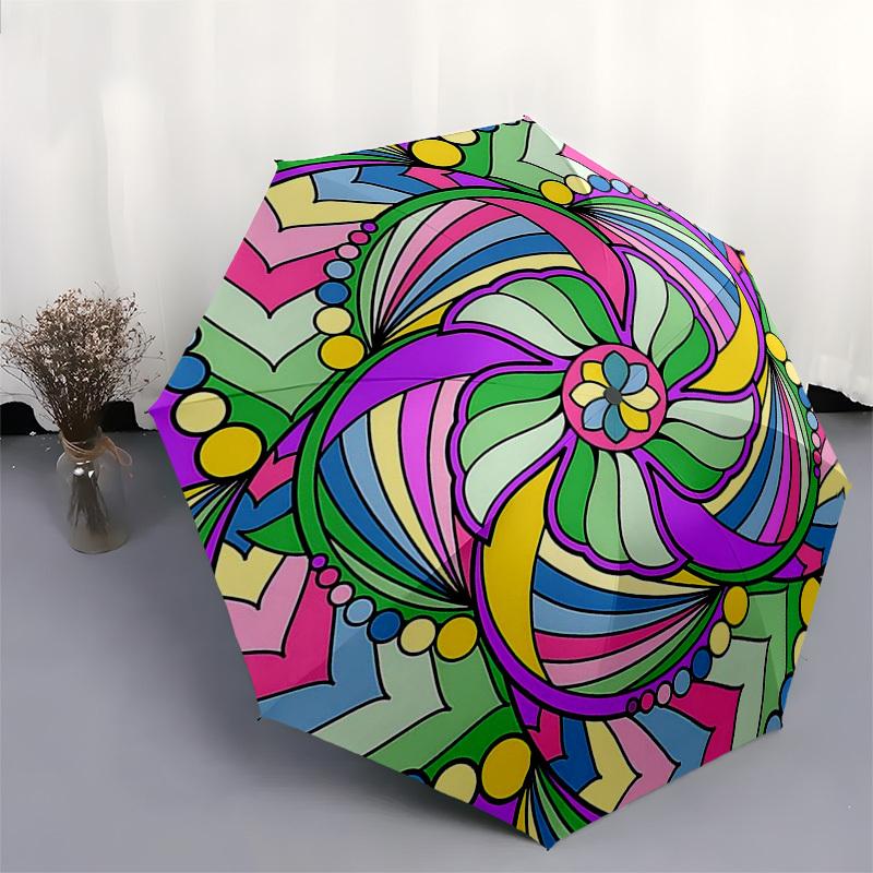 1pc Colorful Mandala Automatic Folding Umbrella - Portable 3-Fold Design, 8-Bone Iron Frame Outdoor Umbrella, Perfect Festival Gift for Fans, Traveler