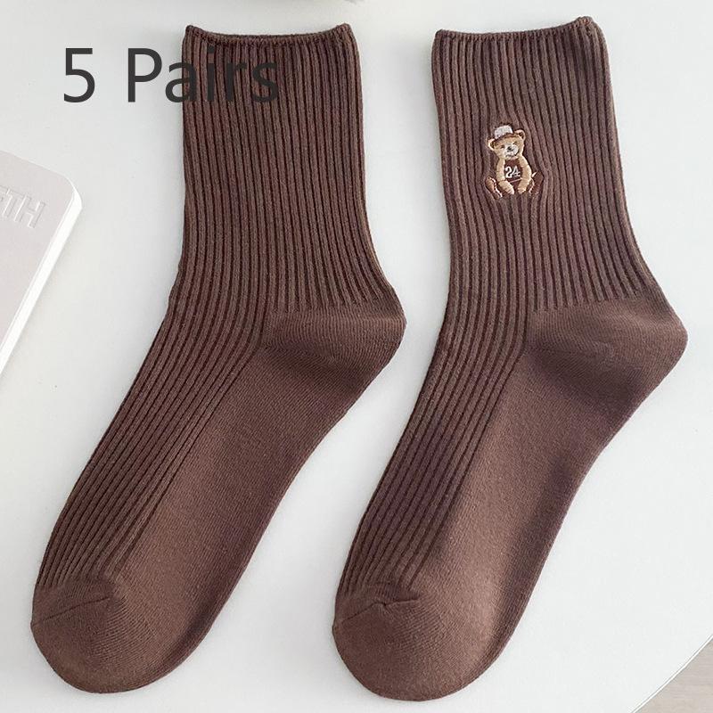 5 Pairs of Female Spring and Autumn New Cotton Cute Bear Tube Socks