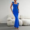 Women's Autumn Slim Fit Sexy Square Neck Knitted Solid Color Slim Fishtail Long Dresses