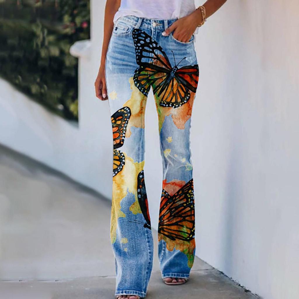 2023 Plus Size European & American Butterfly Faux Denim Micro-flare Pants