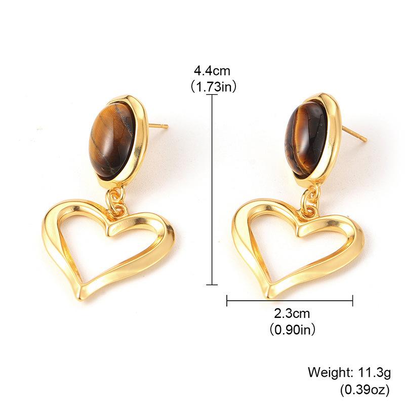 French retro fashion earrings inlaid with tiger s eye stone personalized heart-shaped high-end niche 925 silver needle love stud earrings