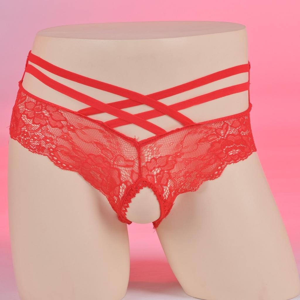 Women Mens Mesh Lace Sheer Briefs Cross-Dressers Femboy Sissy Lingerie Crotchless Panties Low Rise Hollow Out Low Rise Underwear