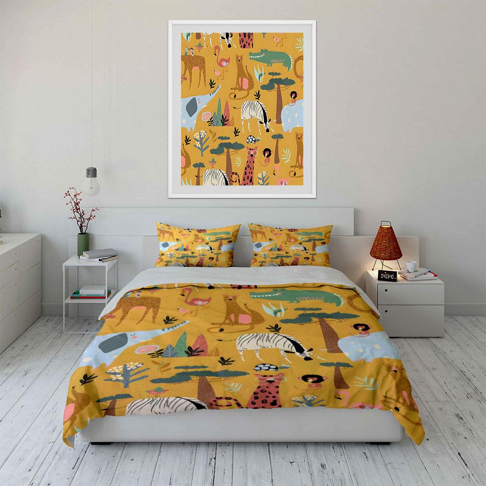 Cartoon Safari Animal Pattern Bedding Duvet Cover Set  (1*Duvet Cover 2*Pillowcases, Without Duvet Insert)