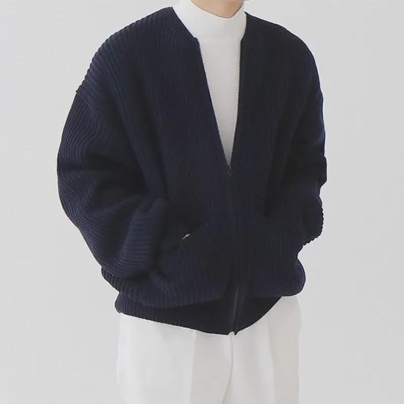 Men's Round Neck Solid Color Knitted Cardigan - 2023 Casual Autumn/Winter Fashion, All-Match, Large Size Trendy Jacket