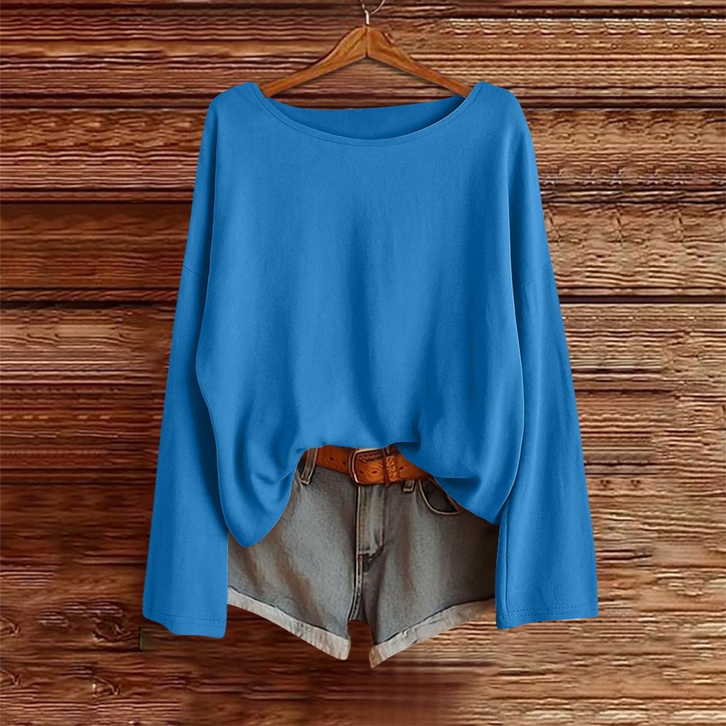 Langarmshirts für Damen Einfarbige T-Shirts Blusen Lässig Übergröße Basic Oberteile Pullover