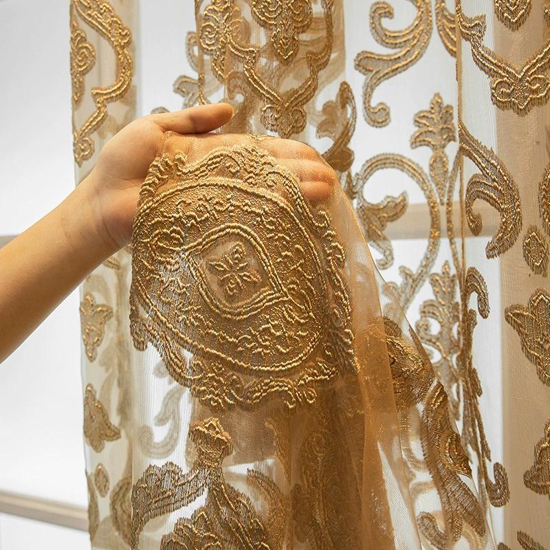 1PC Velvet Cut Embroidered Court Sheer Curtain Vintage Pattern Living Room Bedroom Gold Romantic Lace Sheer Curtain, Flower Lace Window Curtains