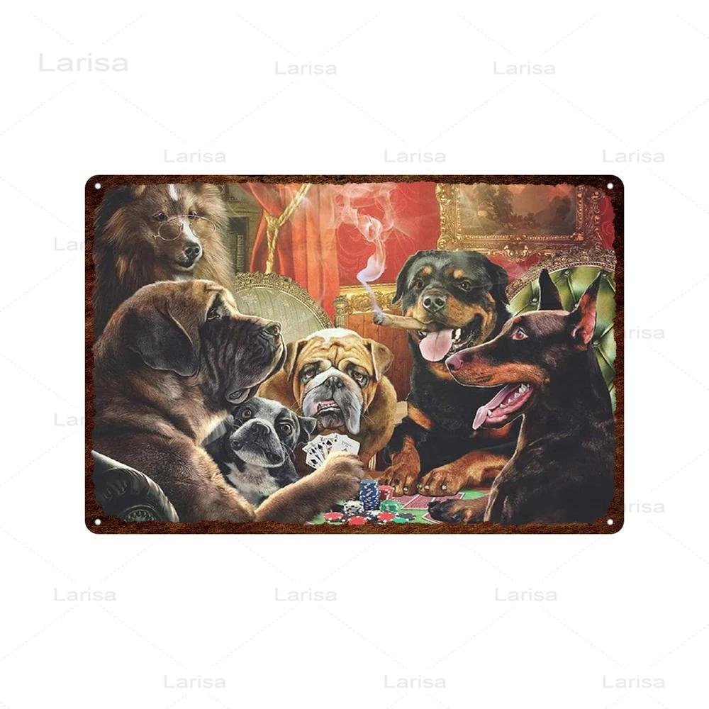 Dogs Playing Poker Game Metal Plaque Animals Playing Billiards Tin Sign Garage Club Wall Pub Tin Sign Vintage Metal Posters