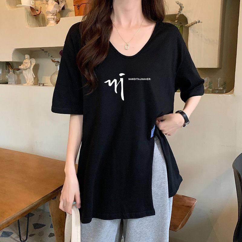 

Большие женские летние толстовки с v-образным вырезом и разрезом, футболка с короткими рукавами, женский свободный свитер с мясным покрытием, свитер с буквами и принтом M чёрный