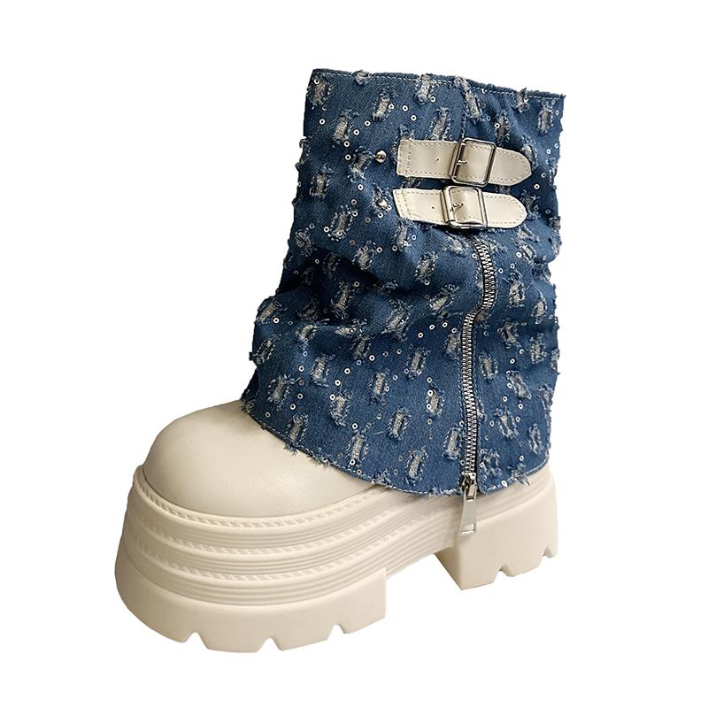 10CM Autumn Winter Chunky Short Boots Women Canvas High Heels Mid Calf Leather Sneakers Trend Buckle Motorcycle Boots Snow Shoes