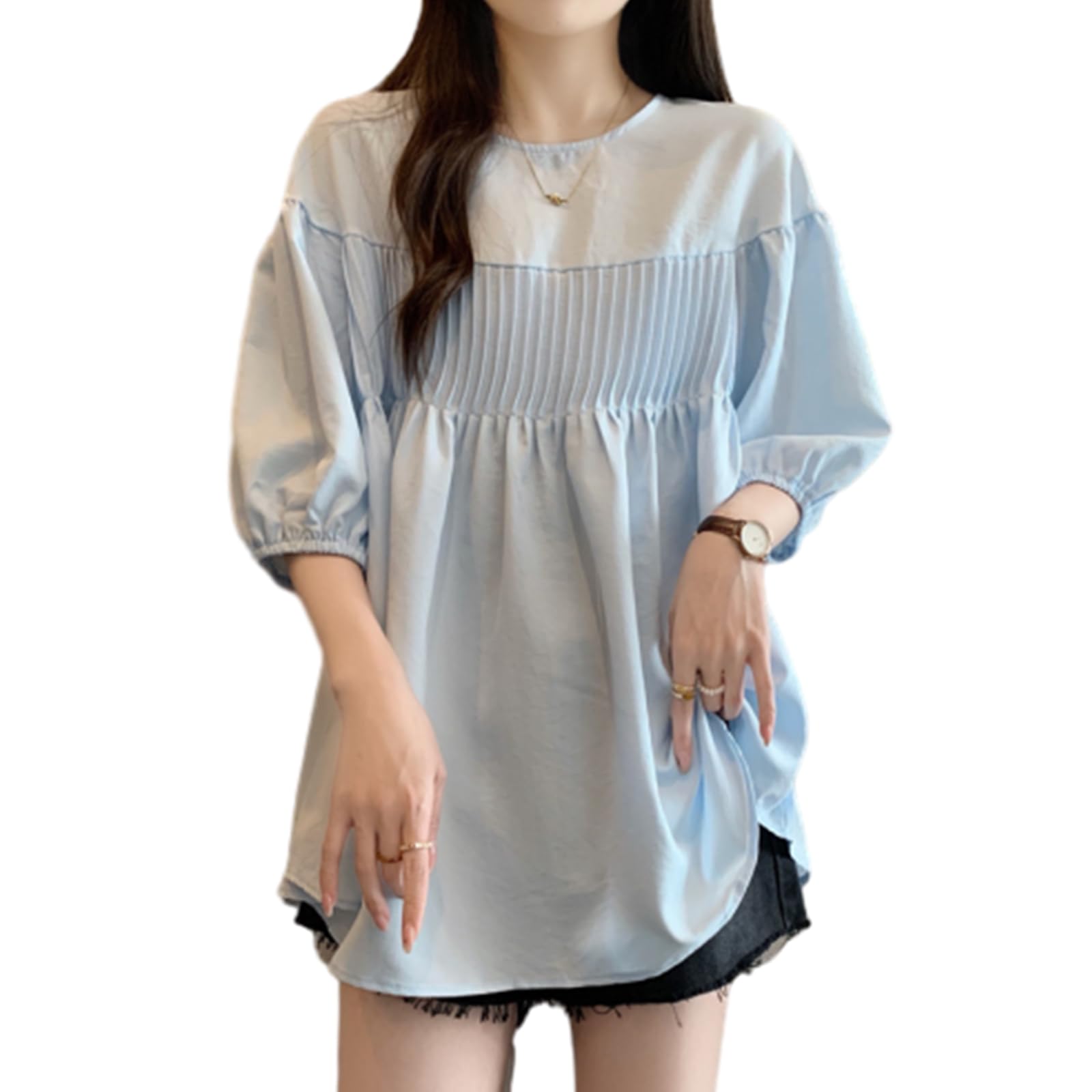 

[JoccKorr] Женская блузка – Футболка с коротким рукавом, Синяя, Круглый вырез, Плиссированная, Рукава-фонарики, Милая, Стильная, Большого размера, Элегантная синий