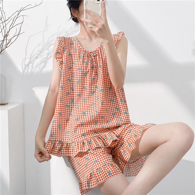 Pajamas Women's Summer Cotton and Silk Thin Suspender Sexy Cotton Silk Loungewear Sweet Shorts Two-piece Set Air Conditioning Clothing Summer