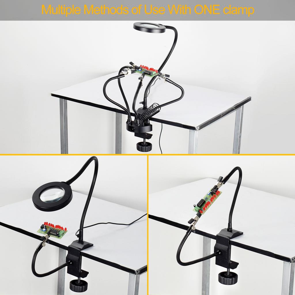 NEWACALOX Clip-on Soldering PCB Holder Tool with 3X LED Magnifier 5Pcs Helping Arms Welding Workshop Helping Station Repair