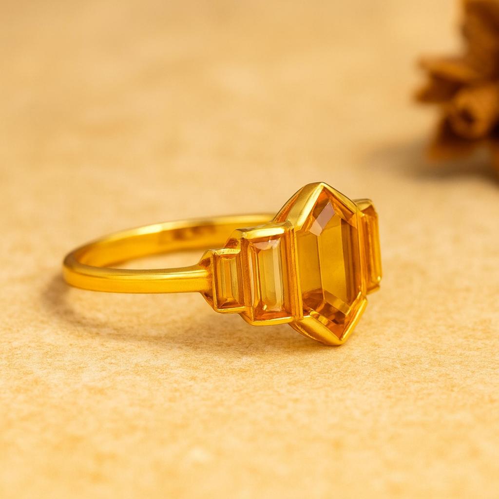 Hexagon and Baguette Citrine Ring – Art Deco Yellow Gemstone Ring - Gold Plated 925 Sterling Silver Jewelry Gift