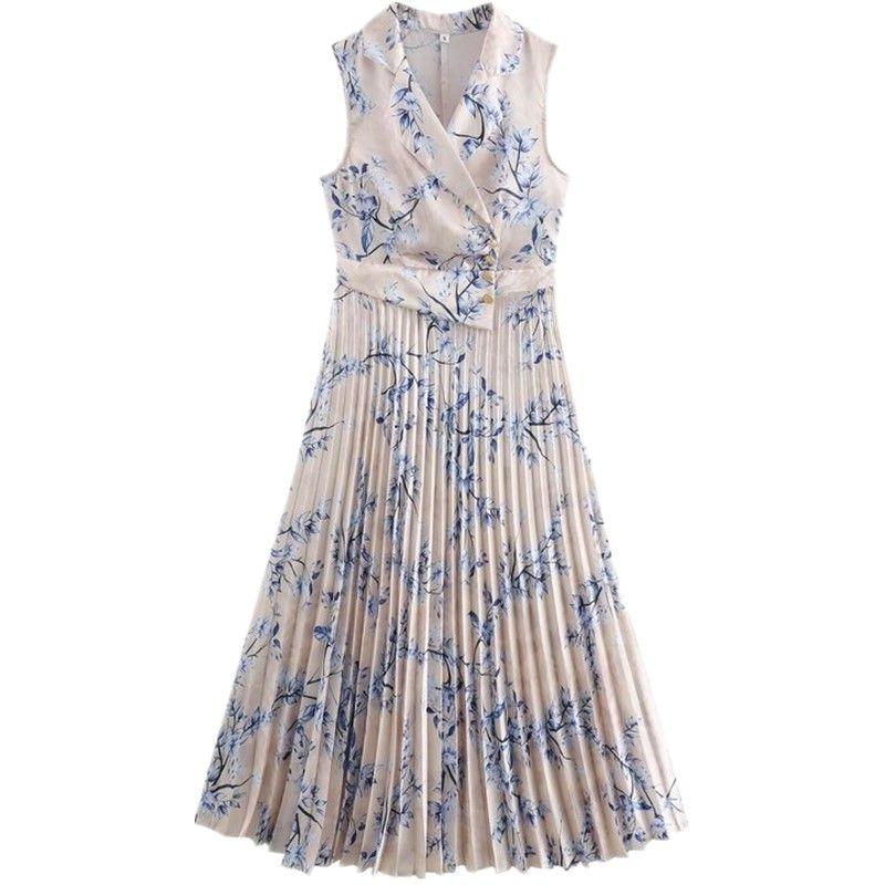 

Fashion Style 2024 Summer New Arrival Women s Easiest for Match Commuting Elegant Satin Florals Suit Collar Sleeveless Pleated Dress Picture color M