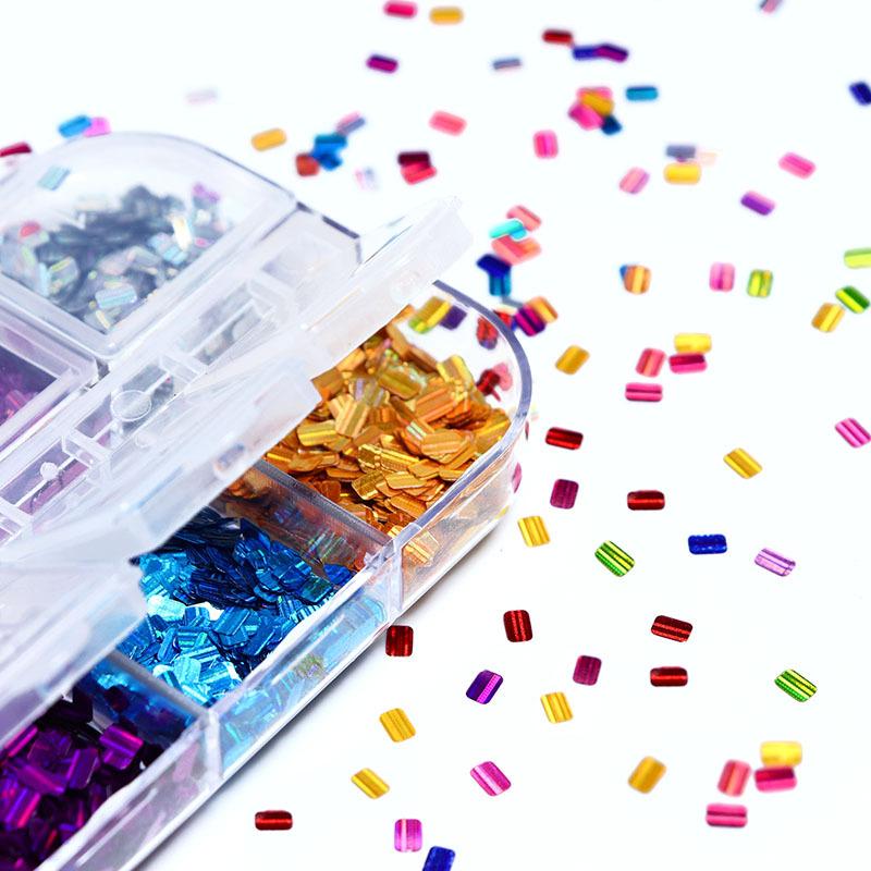 Explosive Flash 12 Grid Box, Laser Square Striped Nail Glitter, Colored Rectangular Nail Glitter, Nail Decoration