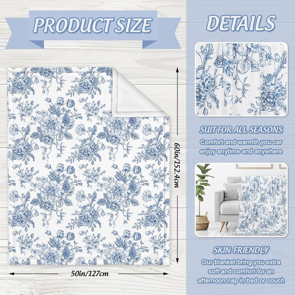 Floral Fuzzy Blanket Blue Flowers Throw Blanket Decorative Soft Cozy Flannel Blanket for Home Bed Sofa Couch Chair,