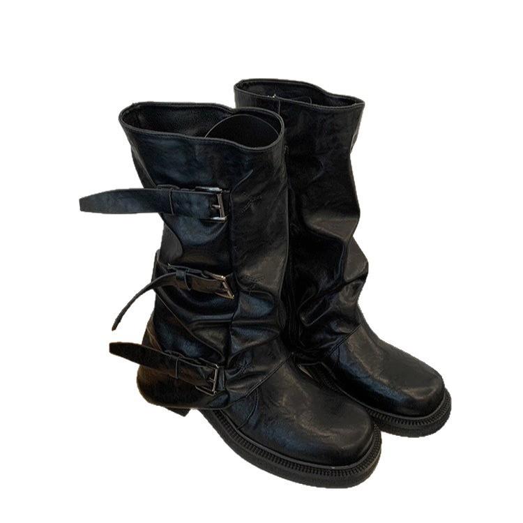 Belt buckle pleated thick-soled mid boots women's spring trousers western boots ins boots