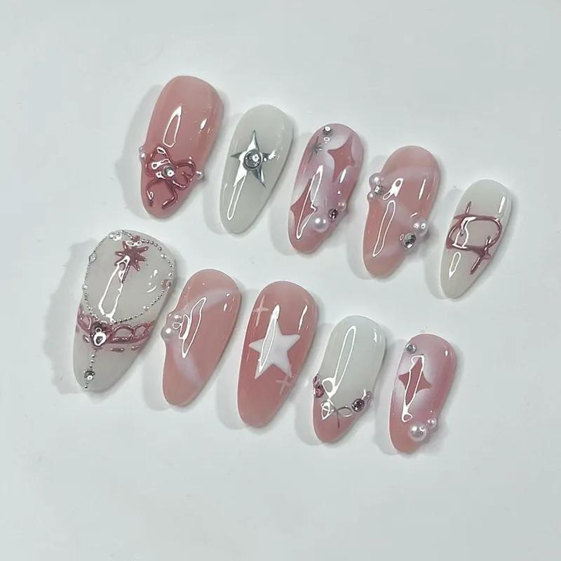 24Pcs 3D Green Ripple Design False Nails Cat's Eye French Almond Fake Nail Tips Leaves Pattern Removable Oval Press on Nails