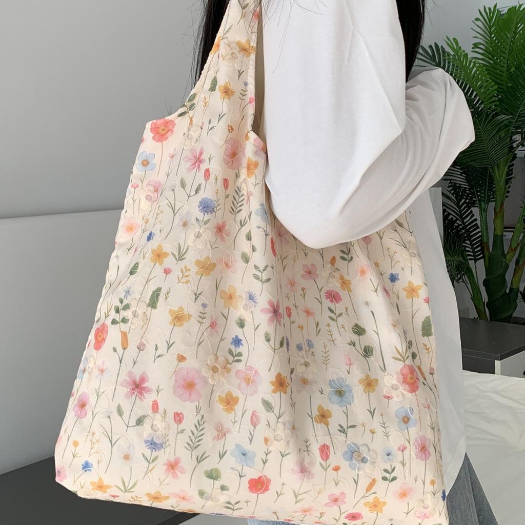 Korean Embroidered Floral Canvas Tote Bag Women's Single Shoulder Bag Casual Floral Printed Canvas Handbag Shopping Bag
