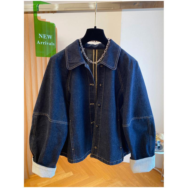 Dámská Retro tmavě modrá džínová bunda s patchworkovými manžetami - Korejský styl, Volný střih, na jaro a podzim 2025