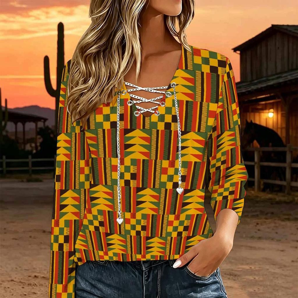Women Plus Size Crisscross V Neck Long Sleeve Top Retro Camouflage Print Casual Loose Blouse