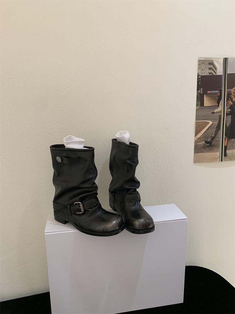 

[Fanfna] Niche thick-heeled knight boots women s 2025 new versatile western cowboy boots women s pleated stacking boots 39 чёрный