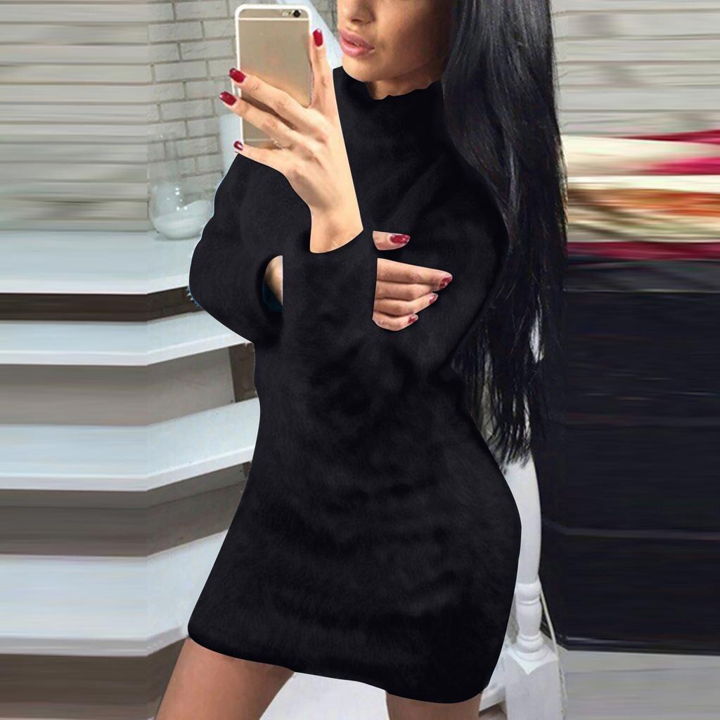 Women's High Neck Long Sleeve Plush Dress Women's And Winter Plush Knitting Solid Color Casual Dress