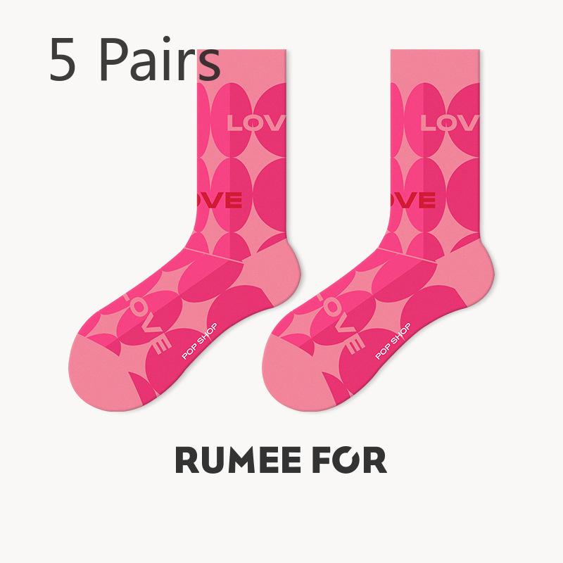 5 Pairs of Female Spring and Summer Sweat Tide Love In The Tube Cotton Socks