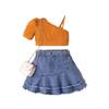 Garnitur dla dziewczynki Letni Dziecięcy Jednokolorowy Top z krótkim rękawem, Dżinsowa Plisowana Krótka Spódniczka Garnitur Pasek