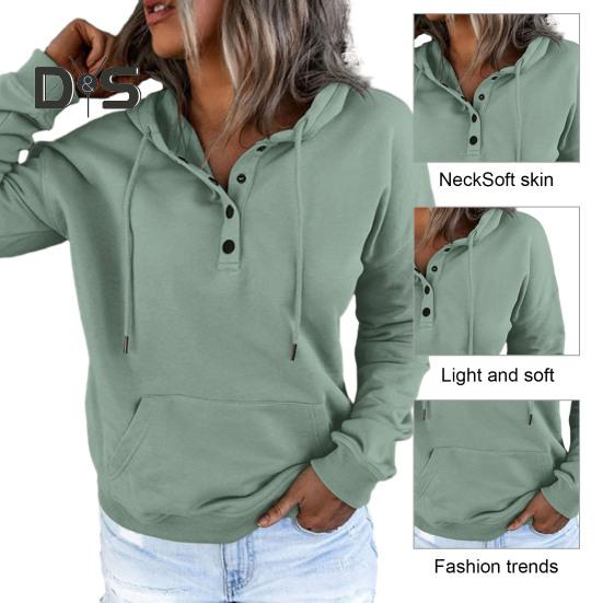 Kvinner Høst Vinter Hettegenser Langermet Løs Pullover Stor Lomme Knapp Dekor Snøring Uformell Myk Varm Hette Elastisk Mansjett Dame Hettegenser Topp