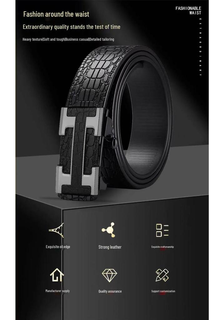 High-End Men's Genuine Leather Belt with Automatic Buckle - No-Tooth Design for Casual and Business Wear