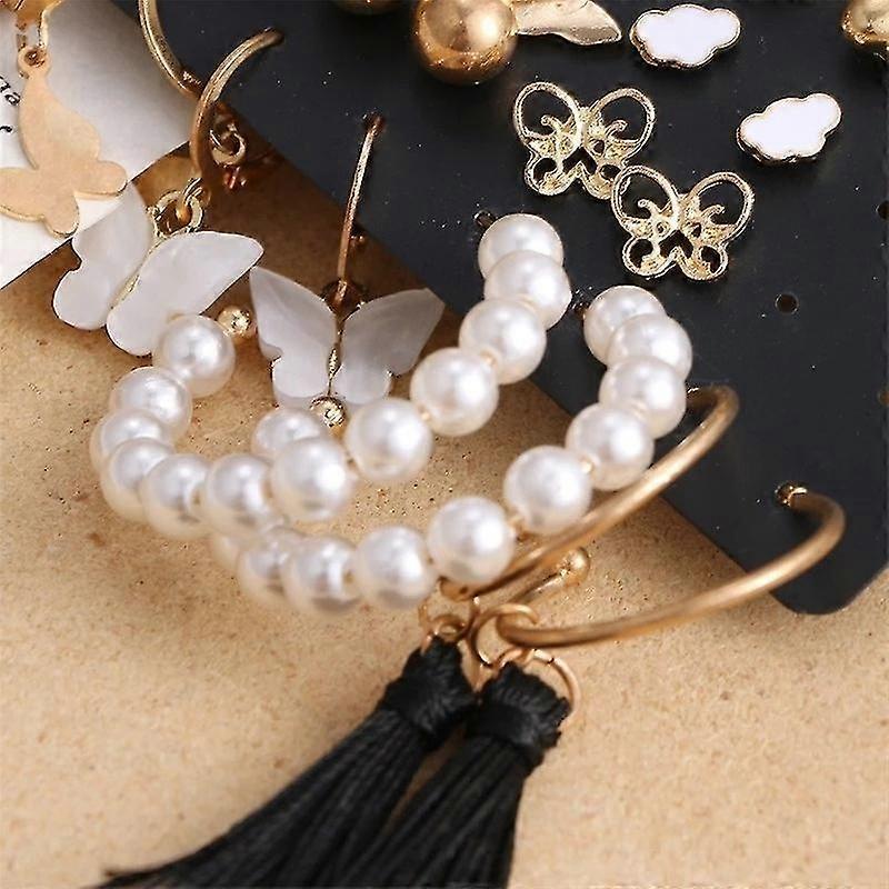 17 Pair Set Retro Imitation Pearls Butterfly Tassel Earrings  Heart Rhinestone