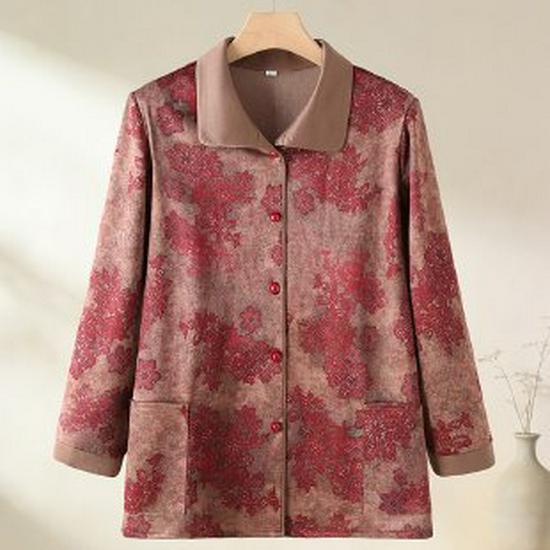 

Floral Lapel Button-Up Loose Top for Middle-Aged and Elderly Women 2XL (for 105-120 jin) красный