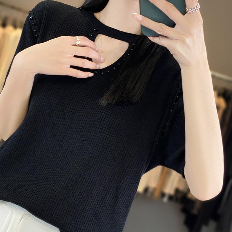 Women Sweaters Pullovers 2025 Summer Short Sleeve O-Neck Black Knitted Sweater Women Tops Pullover JJ175