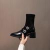 2025 Rhinestone Retro Chunky Heel Elastic Sock Boots, 5cm High, Black Mary Janes for Men