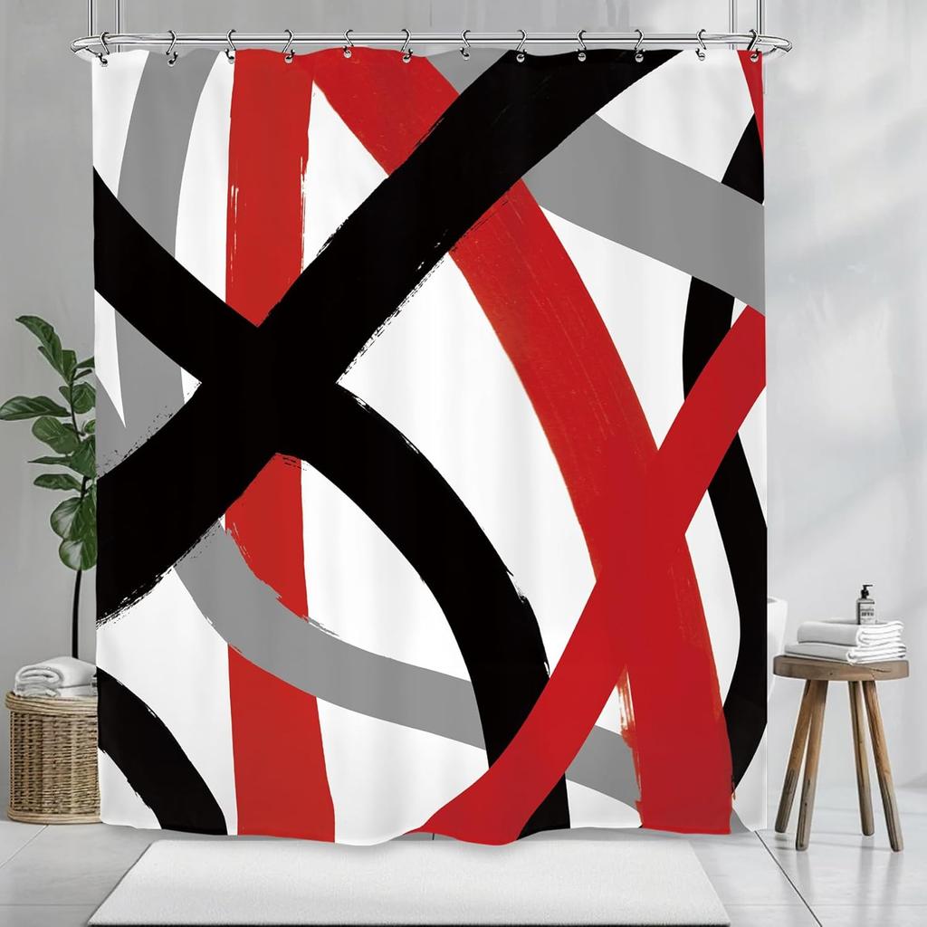Bold Red Black Abstract Art Shower Curtain 72X72 Inches Modern Geometric Design Bathroom Decor For Home