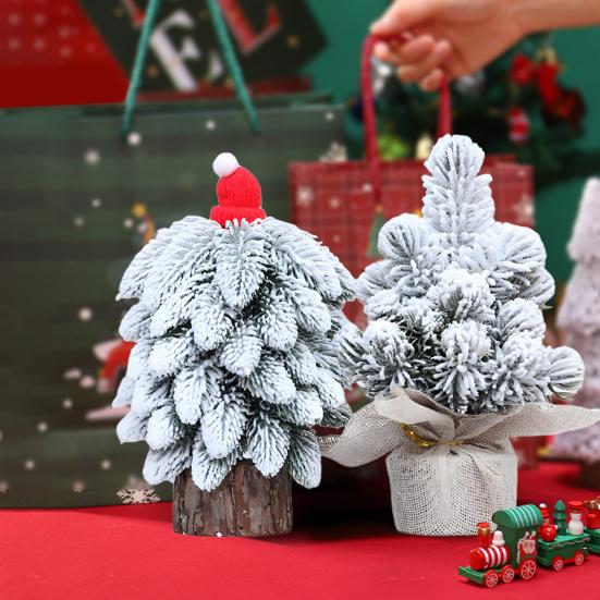Mini Christmas Tree Small Tabletop Artificial Flocking Snow Christmas Tree with Wooden Stand for Dining Table Desk Home Holiday Decoration