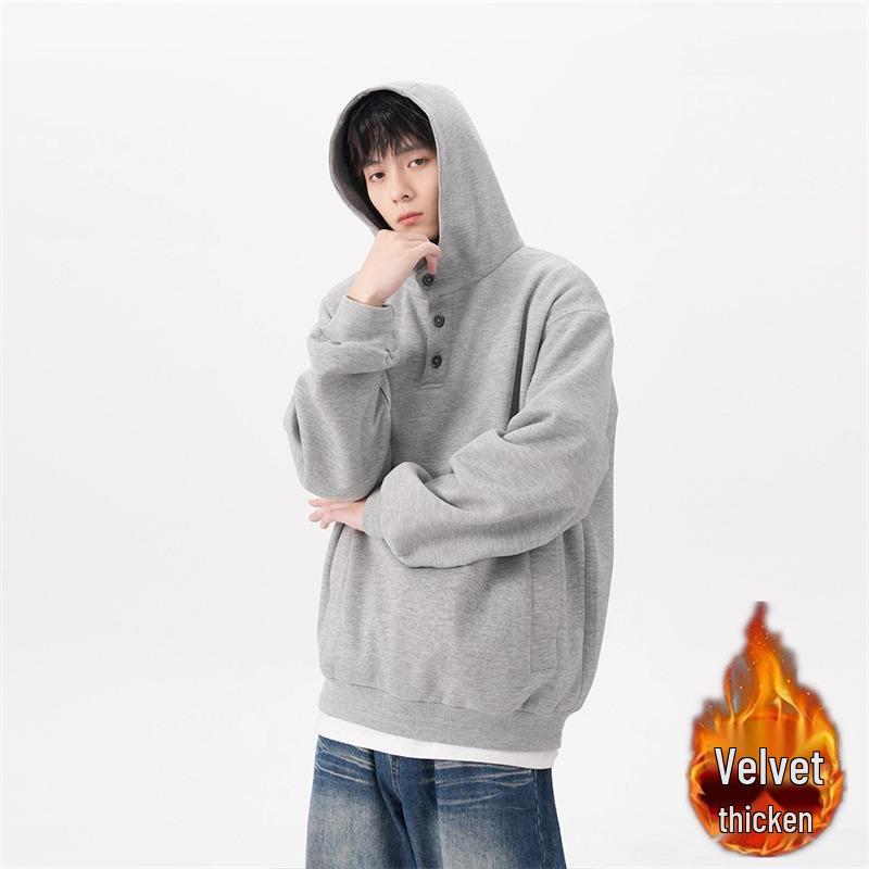 Men's Plus Size Fleece-Lined Button Hoodie - Oversized, Thickened Long Sleeve for Autumn/Winter