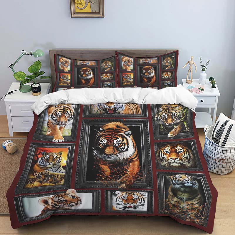 Blue Light Jungle White Tiger Animal Print Bedding Set (3-Piece) - Domineering White Tiger Pattern Duvet Cover and Pillowcase Se